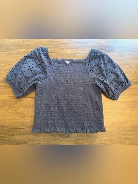 LOFT Gray Smocked Eyelet Puff Sleeve Blouse
